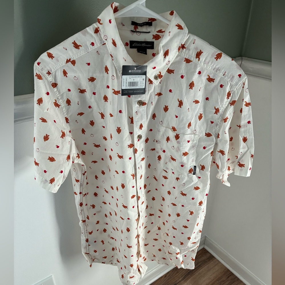 Eddie Bauer Baja Shirt White Classic Fit Bigfoot Print Cotton - Size Medium Tall